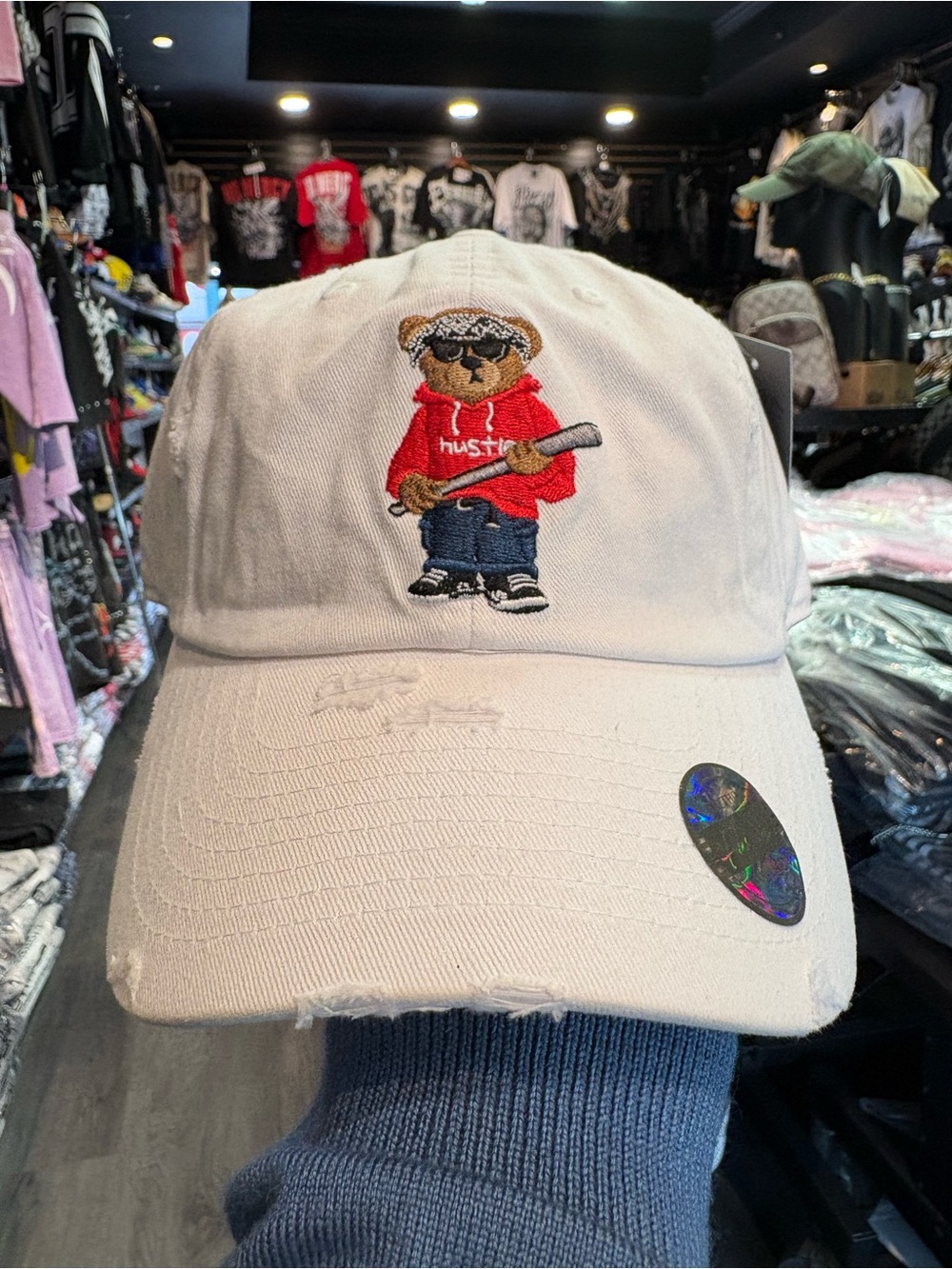 Embroidered Distressed Bear Baseball Cap - White with Red Accent